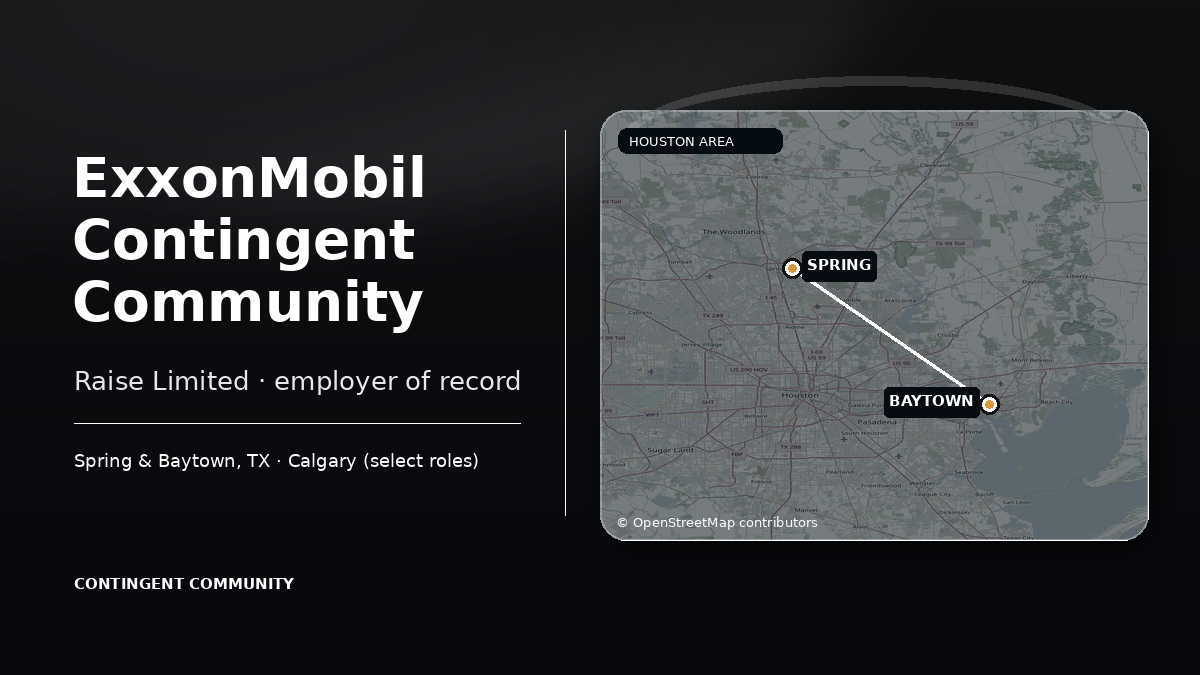 Graphic explaining the ExxonMobil Contingent Community contract talent pool and Raise Limited as employer of record