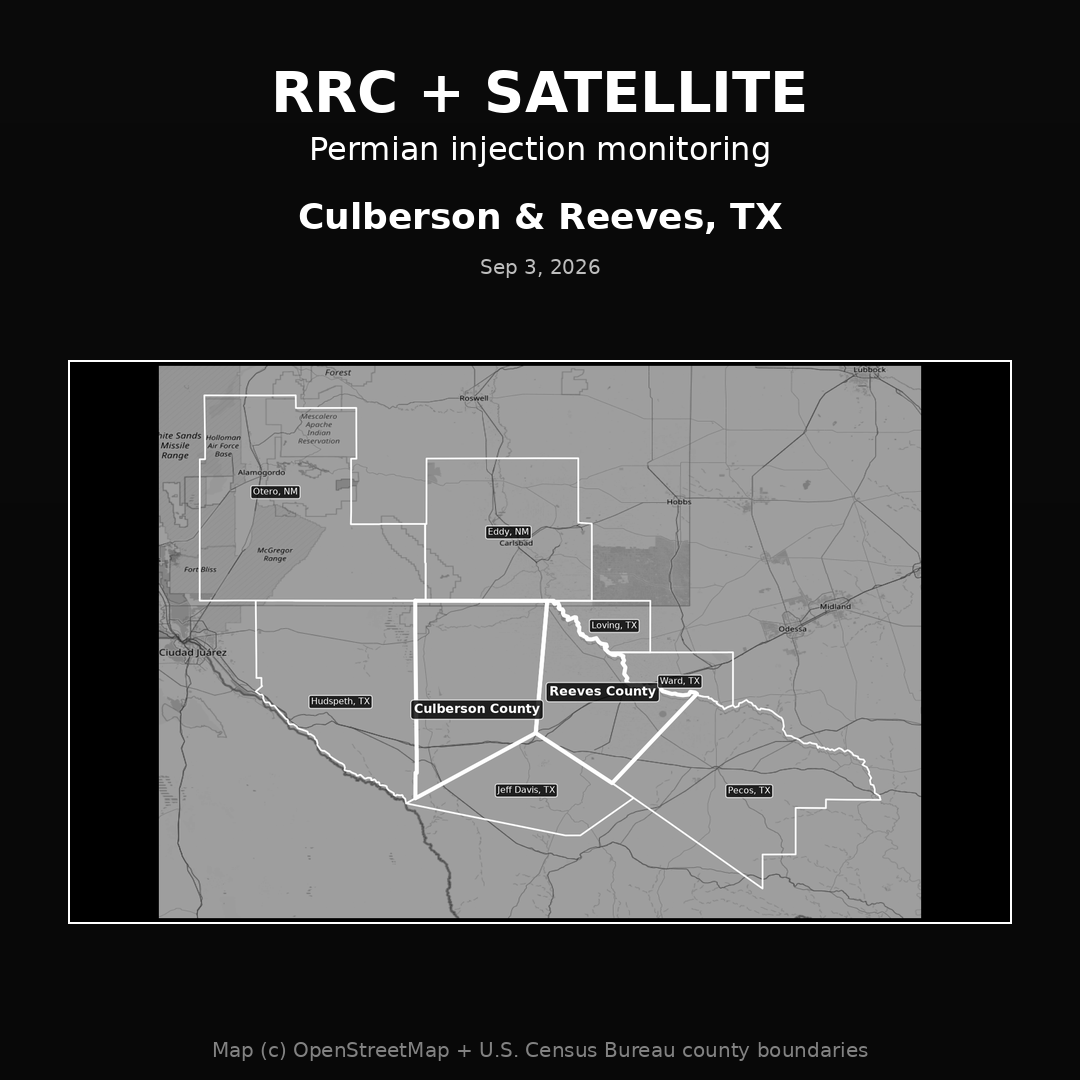 Map of Culberson and Reeves Counties in West Texas, where the Railroad Commission is adding satellite ground motion data to Permian disposal well monitoring