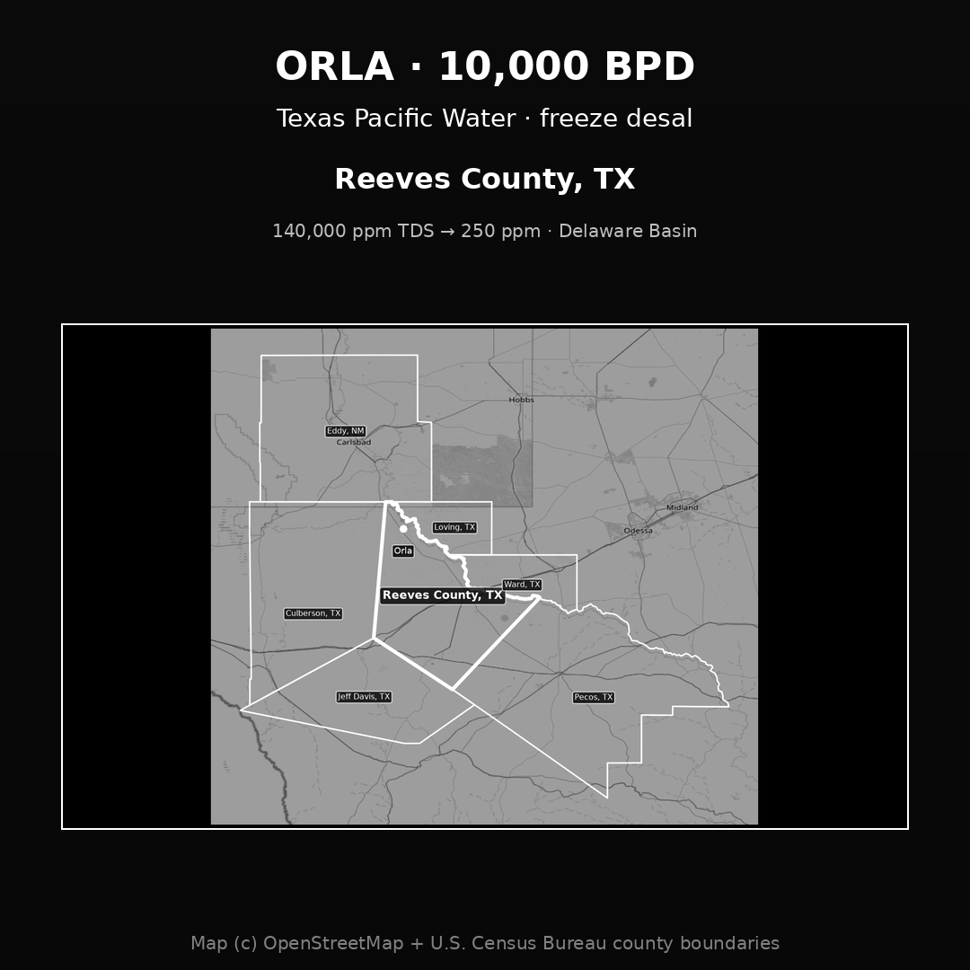 Map of Orla in Reeves County, Texas, site of the Texas Pacific Water Resources produced water treatment plant in the northern Delaware Basin